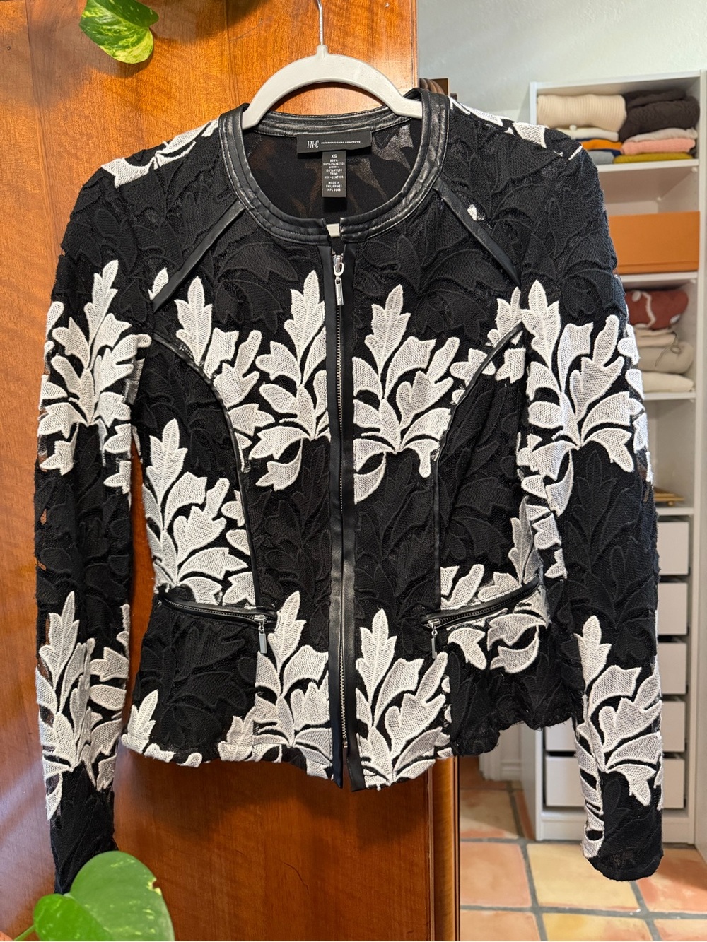 INC Black White Embroidered Lace Moto Peplum Jacket XS